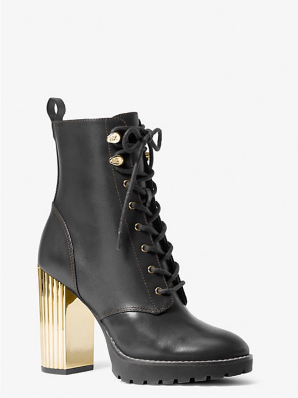 New Michael Kors Leather Lace-Up Ankle Boot with Gold Block Heel Size 7 M